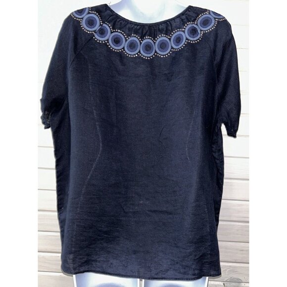 J. Crew Vintage Closet Sz 12 Navy Blue Peasant Blouse 100% Linen Sequins EUC - Picture 7 of 9